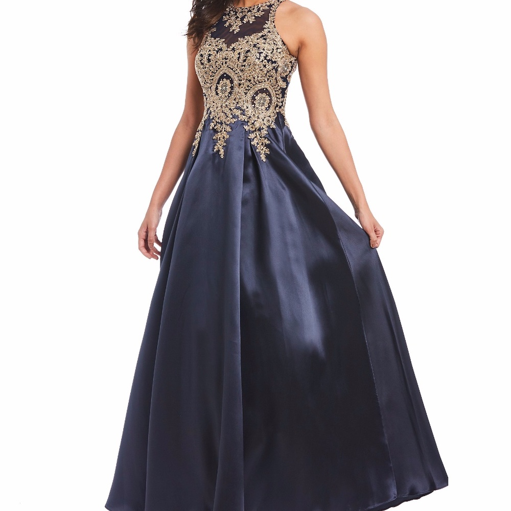 XSCAPE Metallic Applique High Neck Ball Gown